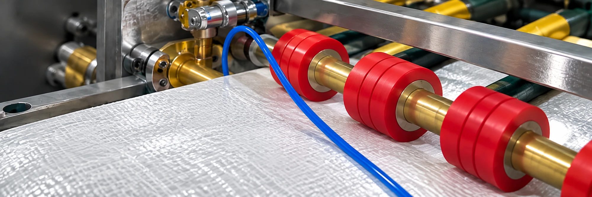 Woven polypropylene fabric running through the rollers of the sack line