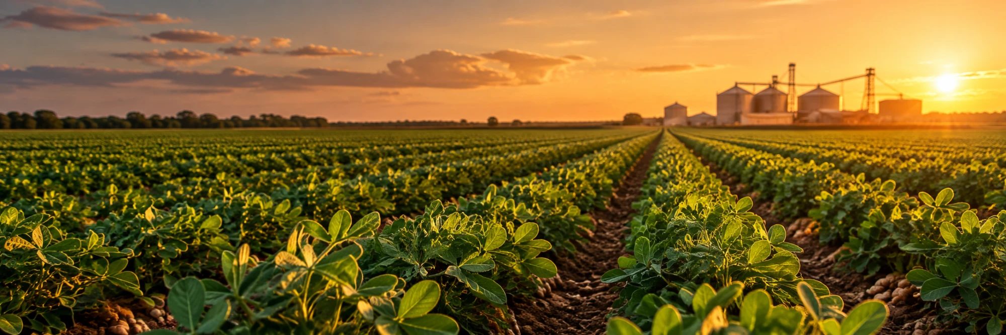 Peanut field with grain silos at sunset